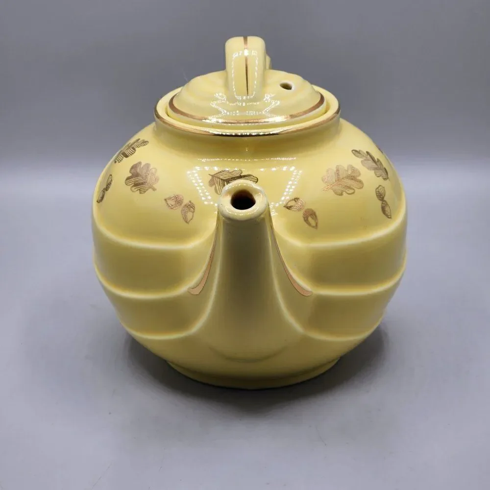 Vtg HALL Teapot Yellow 6 Cup 0799 Made in USA Art Deco Gold Trim Autumn Leaves
